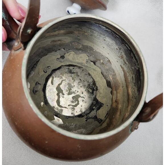 Vintage Copper and Ceramic Handle Tea Kettle Pot Primitive Boho Decor - Picture 8 of 12